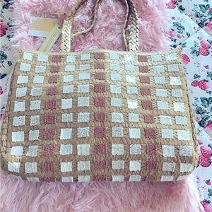 New Summer Chic Beaded Handmade In India Tan and White Checkered Woven Tote Bag
